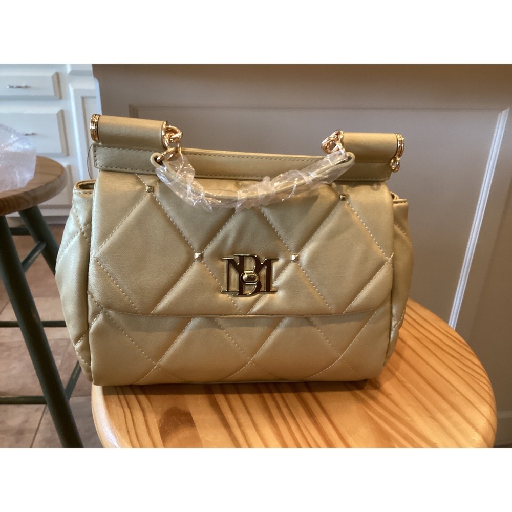Badgley Mischka Satchel Quilted Vegan Leather Top Handle Bag Gold